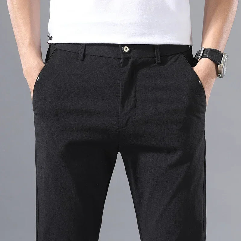 2022 Men's Thin Pants Solid Color Pants Smart Casual Business Fit Body Stretch Trousers Men Cotton Formal Breathable Trousers