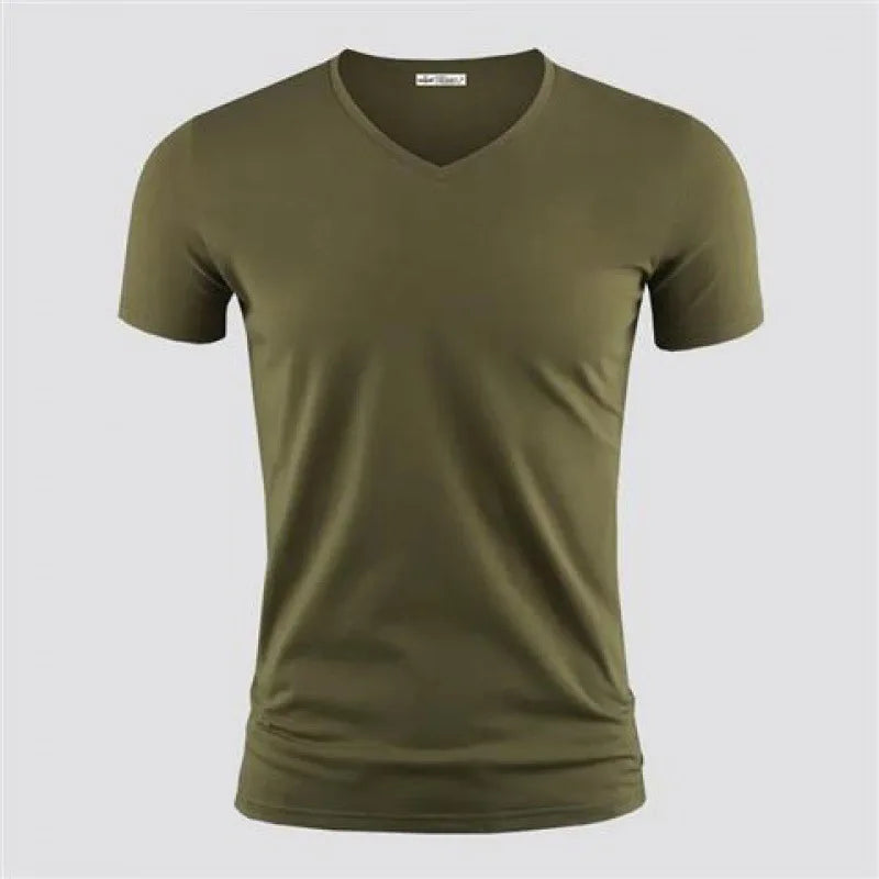 2025 Men's T Shirt Pure Color V Collar Short Sleeved Tops Tees Men T-Shirt Black Tights Man T-Shirts Fitness For Male Clothes