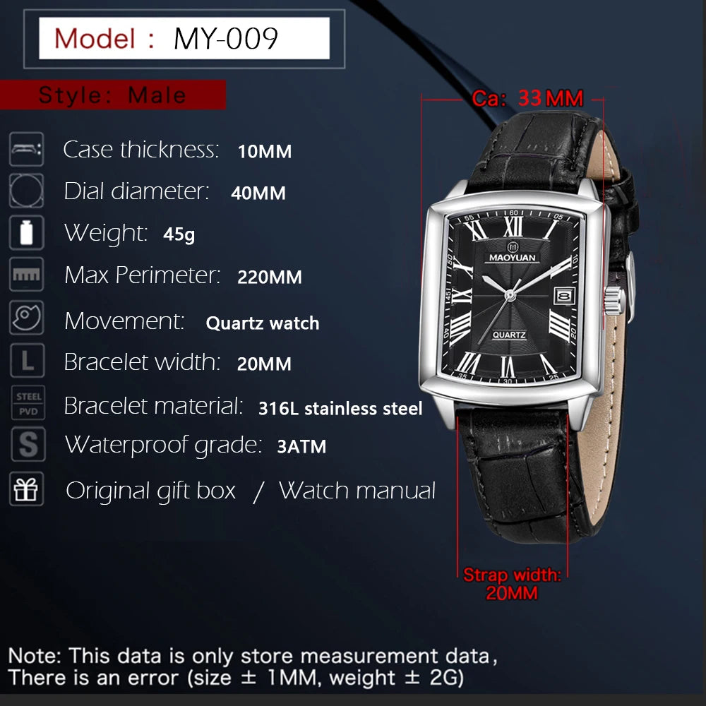 MAOYUAN New Square European and American Casual Leather Quartz Watch Waterproof Sports Calendar Roman Digital watches for man