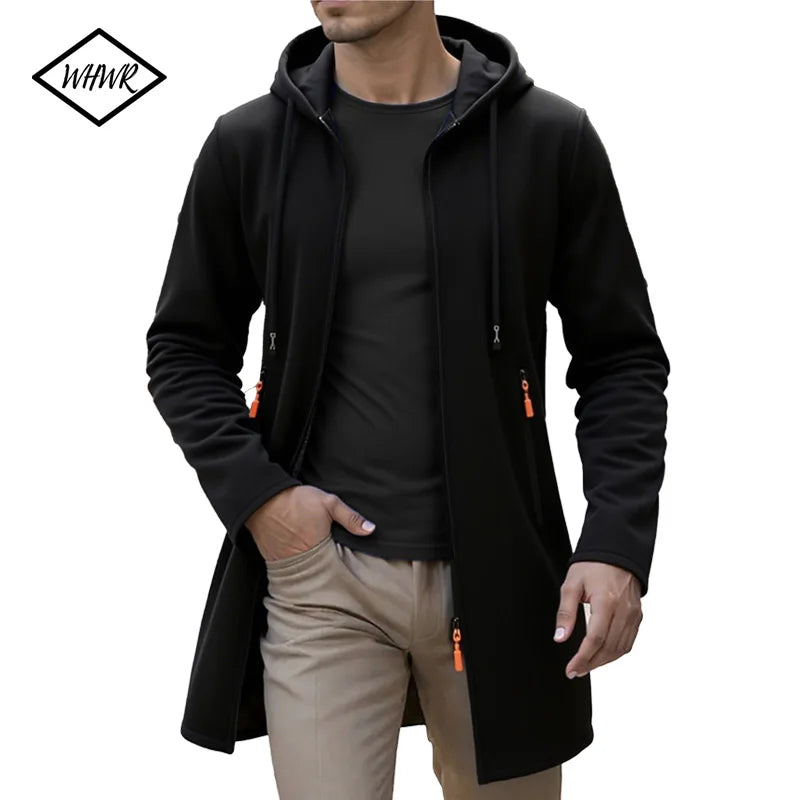 Spring Autumn Men's Hooded Long Jackets Solid Kintting Cardigan Outwear Casual Male Coats Zipper Warm Streetwear Hoodies Jacket