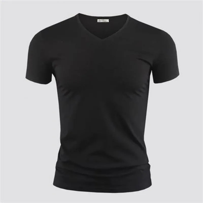 2025 Men's T Shirt Pure Color V Collar Short Sleeved Tops Tees Men T-Shirt Black Tights Man T-Shirts Fitness For Male Clothes