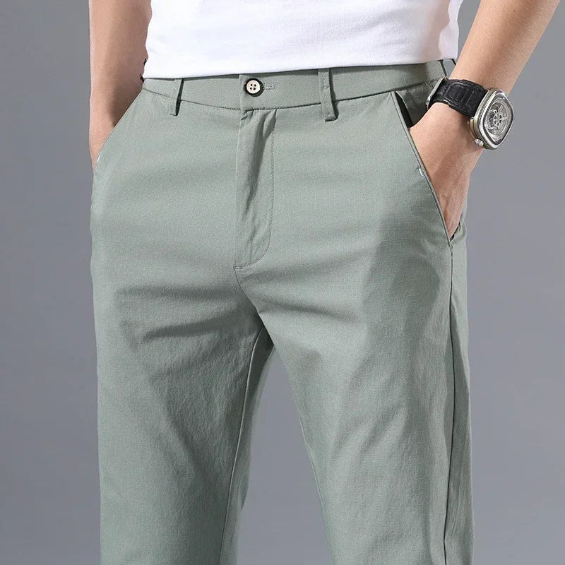2022 Men's Thin Pants Solid Color Pants Smart Casual Business Fit Body Stretch Trousers Men Cotton Formal Breathable Trousers