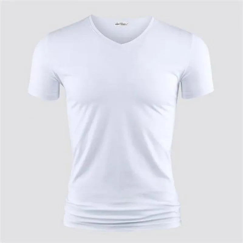 2025 Men's T Shirt Pure Color V Collar Short Sleeved Tops Tees Men T-Shirt Black Tights Man T-Shirts Fitness For Male Clothes