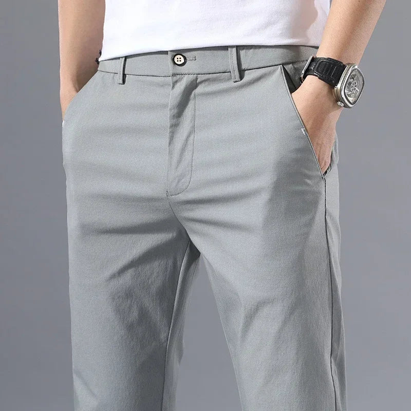 2022 Men's Thin Pants Solid Color Pants Smart Casual Business Fit Body Stretch Trousers Men Cotton Formal Breathable Trousers
