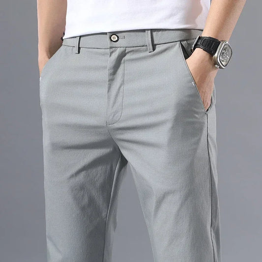 2022 Men's Thin Pants Solid Color Pants Smart Casual Business Fit Body Stretch Trousers Men Cotton Formal Breathable Trousers