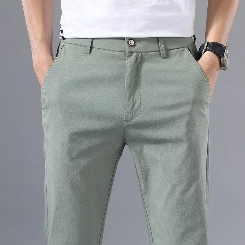 2022 Men's Thin Pants Solid Color Pants Smart Casual Business Fit Body Stretch Trousers Men Cotton Formal Breathable Trousers