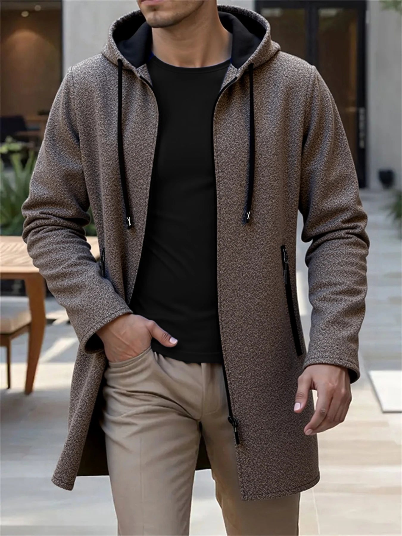Spring Autumn Men's Hooded Long Jackets Solid Kintting Cardigan Outwear Casual Male Coats Zipper Warm Streetwear Hoodies Jacket