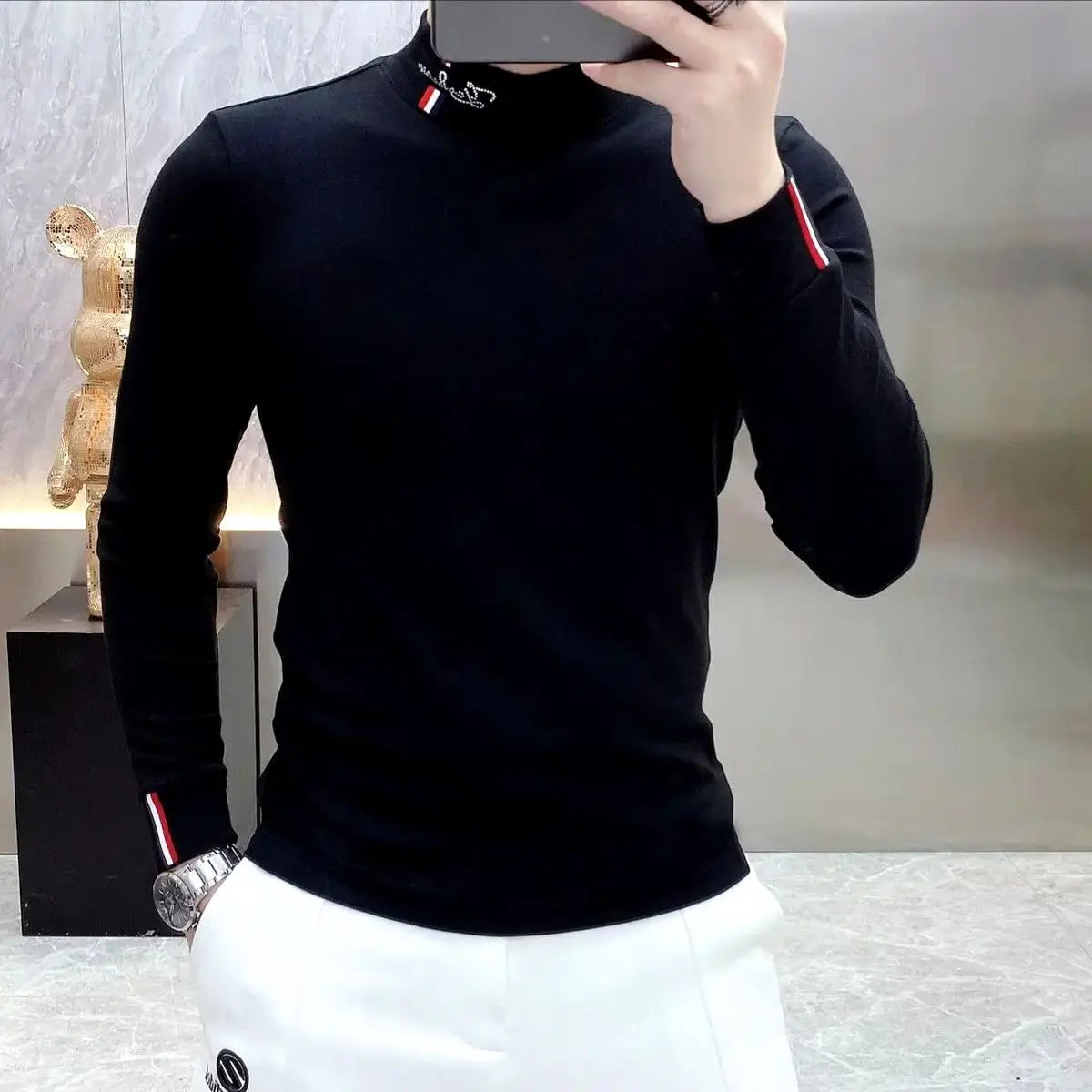 Autumn New Men Chic Thicken T-Shirts Thermal Half High Collar Bottoming Cootrast Color Long Sleeve Elastic Slim All-match Tops